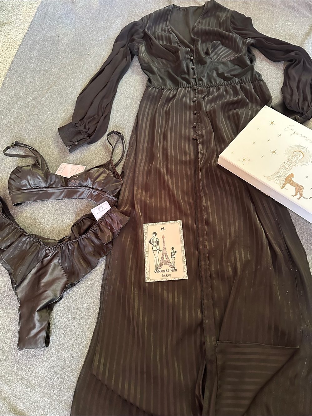 Empress Mimi - Kiki Empress set black sheer satin stripe, 3pc NWT,sz M & XL